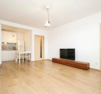 Wohnzimmer einer 2-Zimmer-Wohnung mit Küche, TV-Schrank und Boden in Holzoptik.