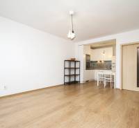 2-Zimmer-Wohnung mit Holzboden und Küche mit weißen Möbeln.