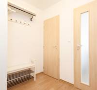 Einfacher Flur in einer 2-Zimmer-Wohnung mit Holzboden und Garderobe.