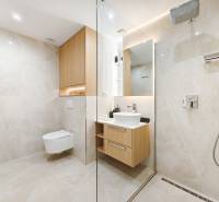 Badezimmer in einer 2-Zimmer-Wohnung mit begehbarer Dusche, weißem Waschbecken und Holzschränken.