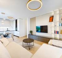 Wohnzimmer einer Zweizimmerwohnung mit Sofa, Küche und Holzboden.