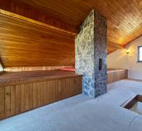 Ein Dachzimmer mit Holzverkleidung und einem Steinkamin in einer Berghütte.