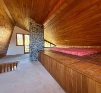 Das Dachgeschoss der Hütte mit Holzelementen und einem steinernen Kamin erinnert an einen gemütlichen Entspannungsraum.