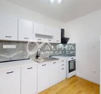 Küche in einer Einzimmerwohnung mit weißen Möbeln und einem Boden in Holzoptik.