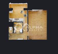 Grundriss einer Einzimmerwohnung mit Holzboden und eingerichteten Räumen.
