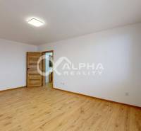 Ein Zimmer mit weißen Wänden, einem Boden in Holzoptik und einer Tür in einer Einzimmerwohnung.