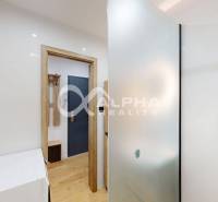 Badezimmer in einer Einzimmerwohnung mit Holzboden und Übergang zum Flur.
