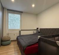 Schlafzimmer in einer 4-Zimmer-Wohnung mit Bett, Schrank und Holzdekor auf dem Boden.
