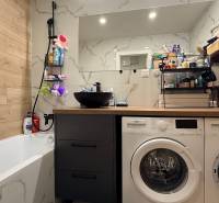Badezimmer mit Dusche und Waschmaschine in einer 4-Zimmer-Wohnung, Boden mit Holzdekor.