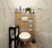 Badezimmer mit hängendem WC, Holzdekor und Regal in einer 4-Zimmer-Wohnung.