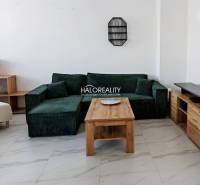 Wohnzimmer in einer 3-Zimmer-Wohnung mit einem grünen Sofa und einem Holztisch.