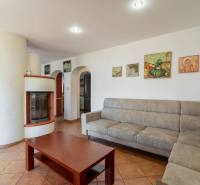 Wohnzimmer eines Einfamilienhauses mit Kamin, Sofa und Kunstwerken an der Wand.