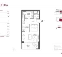 Grundriss einer 1-Zimmer-Wohnung mit Küche, Wohnzimmer und Loggia.
