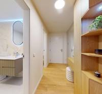 Badezimmer mit Waschmaschine und Waschbecken, Eingangskorridor mit Holzelementen in einer Einzimmerwohnung.