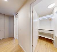 Interieur einer 1-Zimmer-Wohnung mit Holzboden und Einbauschränken.