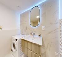Badezimmer mit Waschbecken, Waschmaschine, Spiegel und Dekorationen in einer Einzimmerwohnung.