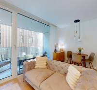 Obývací Raum in einer Einzimmerwohnung mit Balkon, Sofa und Küchentisch.