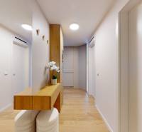 Der Flur in einer Einzimmerwohnung mit weißen Wänden und einem Boden in Holzoptik.