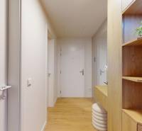 Der Flur in der Einzimmerwohnung mit weißen Türen und einem Boden in Holzoptik.