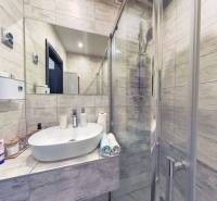 Badezimmer mit Waschbecken und Duschkabine in einer 3-Zimmer-Wohnung mit Holzdekor.