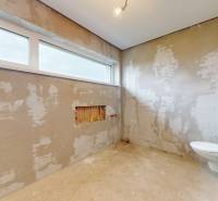 Unverputztes Badezimmer mit großem Fenster und sanitären Einrichtungen in einem Einfamilienhaus.