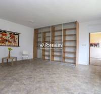 Wohnzimmer mit Holzboden, Wandteppich und Regalsystem.