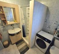 Badezimmer in einem Einfamilienhaus mit Waschbecken, Duschkabine, Waschmaschine und WC.