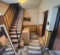 Treppe mit Holzgeländer, Teppich und dekorative Wandverkleidung in einem Einfamilienhaus.