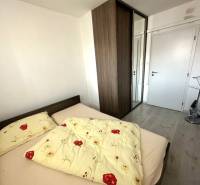 Schlafzimmer in einer 2-Zimmer-Wohnung mit Bett, Einbauschrank und Bodenbelag in Holzoptik.