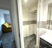 Badezimmer in einer 2-Zimmer-Wohnung mit verglaster Duschkabine und großen Fliesen.