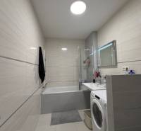 Badezimmer in einer 2-Zimmer-Wohnung mit Dusche, Badewanne und Waschmaschine.