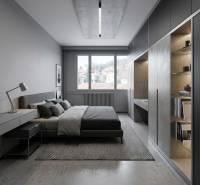 Schlafzimmer in einer 2-Zimmer-Wohnung mit Textilien und Einbauschränken, Boden mit Holzdekor.