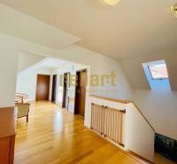 Ein Flur mit Holzboden, Dachfenster und Türen in einem Einfamilienhaus.