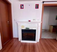 Ein Kamin im Innenraum mit Holzboden und Türen, in einem Einzimmerwohnung platziert.
