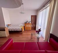 Auf dem Foto ist eine Einzimmerwohnung zu sehen, die ein Bett, ein rotes Sofa und einen Glastisch umfasst.