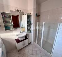 Badezimmer mit Dusche, Waschbecken und Stauraum in einer Einzimmerwohnung.