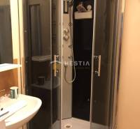 Badezimmer mit Dusche und Waschbecken in einer 2-Zimmer-Wohnung.