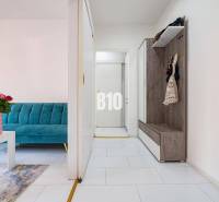 Gemütliche 1-Zimmer-Wohnung mit hellem Interieur, blauer Couch und Holzmöbel-Dekor.