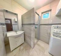Ein Badezimmer in einem Einfamilienhaus mit einer Dusche und einer Waschmaschine, gefliesten Wänden und einem Waschbecken.