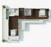 Grundriss einer Villa mit zwei Schlafzimmern und einem Badezimmer, die einen Bodenbelag mit Holzdekor nutzt.