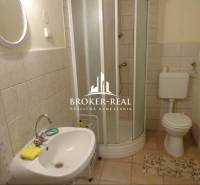 Badezimmer in einem Einfamilienhaus mit Waschbecken, Dusche und Toilette.