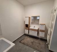 Ein Badezimmer in einem Einfamilienhaus mit weißen Möbeln und dunklen Fliesen.