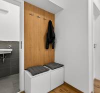 Diele in einer 2-Zimmer-Wohnung mit einer Bank, Kleiderhaken und einem Waschbecken, Boden mit Holzdekor.