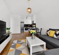 Wohnzimmer in einer Zweizimmerwohnung mit Sofa, Tisch und Holzboden.