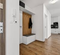 Eingangsflur in einer 2-Zimmer-Wohnung mit Holzboden und eingebautem Stauraum.
