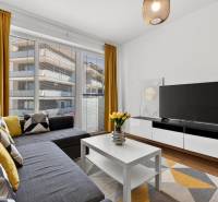 Zweizimmerwohnung mit großen Fenstern, Sofa, Fernseher, gelben Vorhängen und Holzboden.