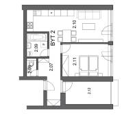 Grundriss einer 2-Zimmer-Wohnung mit Küche, Wohnzimmer, Badezimmer und Balkon.