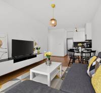 Wohnzimmer in einer 2-Zimmer-Wohnung mit Holzboden, Sofa und Fernseher.