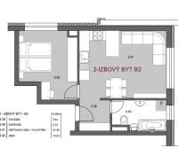 Grundriss einer 2-Zimmer-Wohnung mit Küche und Badezimmer, helle Raumaufteilung.