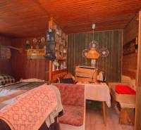 Rustikales Zimmer auf Erholungsgrundstücken mit Holzdekor und bequemer Sitzecke.